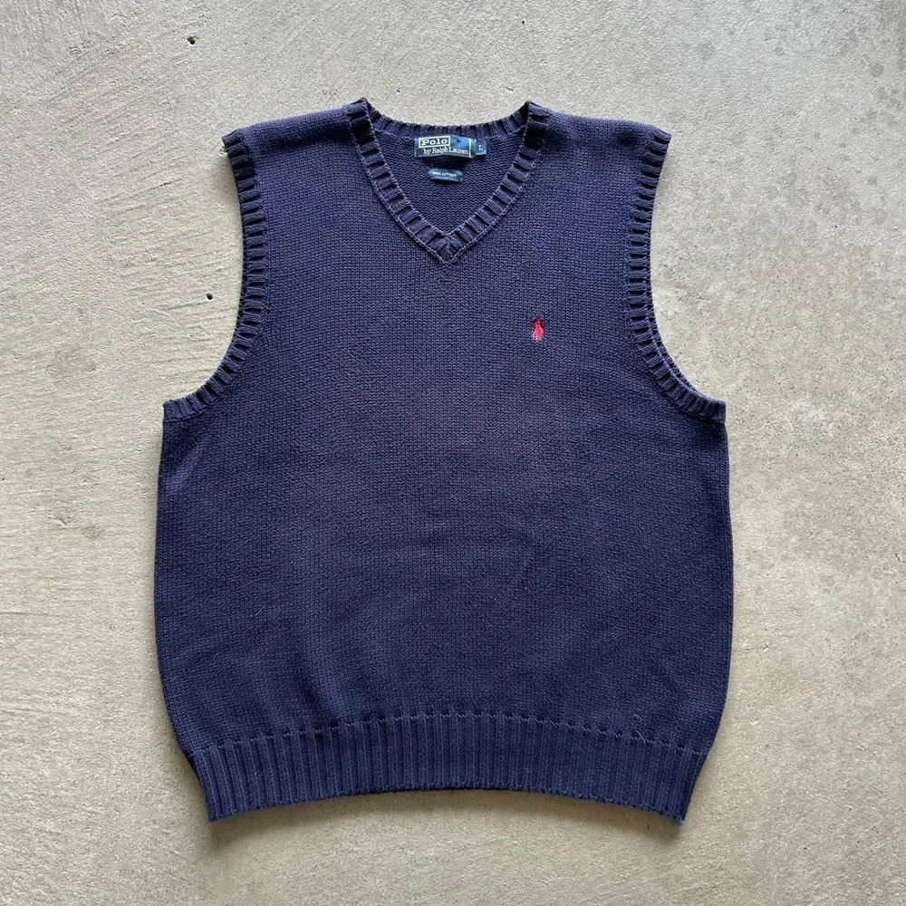 Vintage 90s Polo Ralph Lauren Sweater Vest Size Large Navy‎ Blue Pullover Cotton